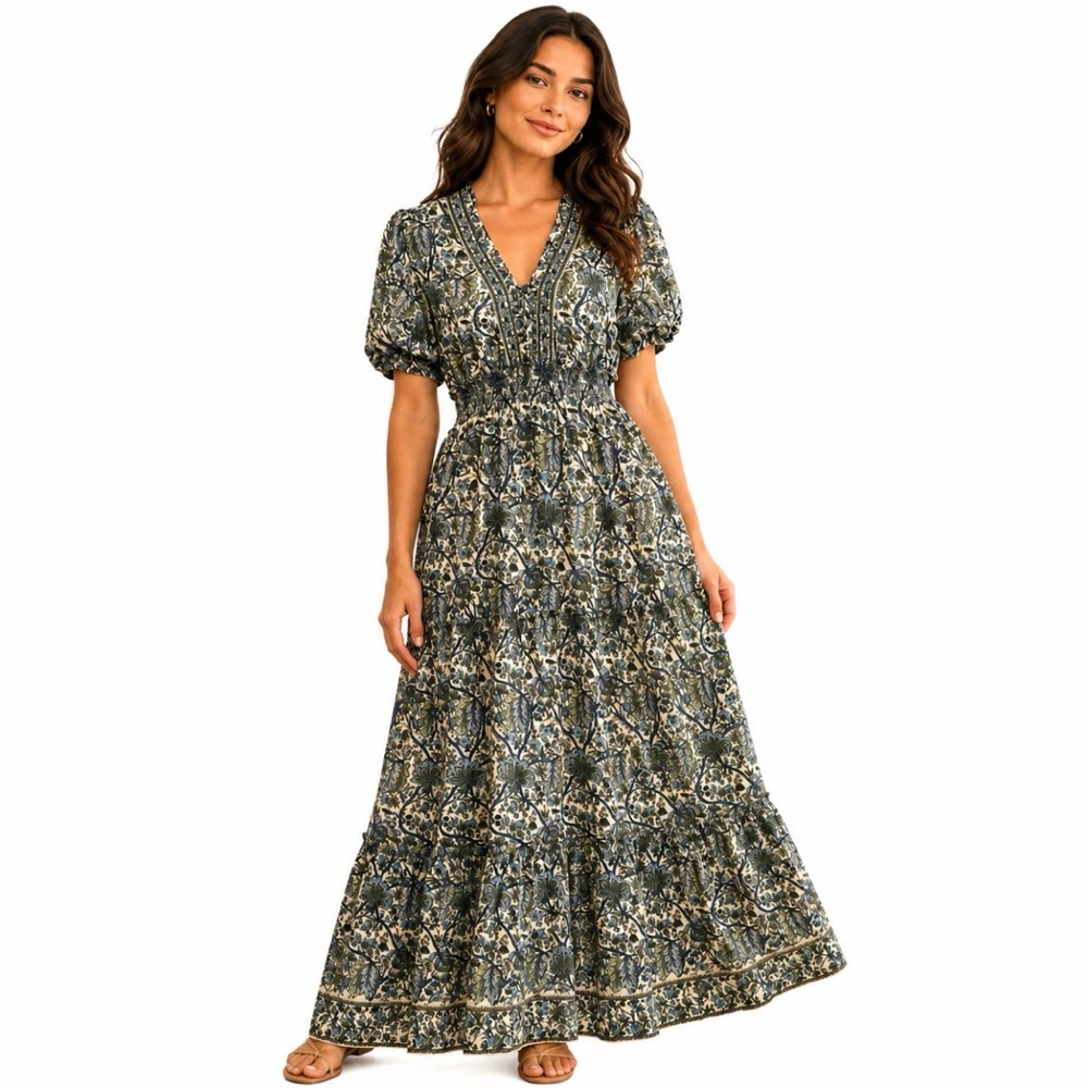 Max Studio,Floral Boho Maxi Dress Puff Sleeve, Size M NWT